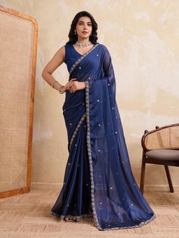 Gahan - Navy Blue Clr Soft Silk Saree with Lace Unstitched Blouse