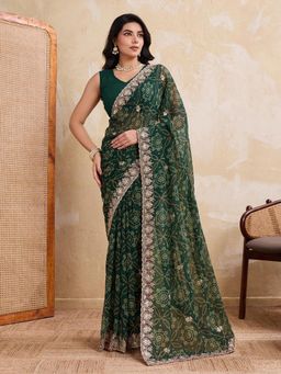 Gahan - Green Soft Georgette Bandhej Print Embroidery Saree with Unstitched Blouse