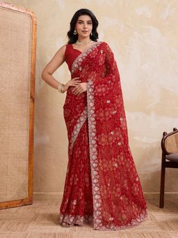 Gahan - Red Soft Georgette Bandhej Print Embroidery Saree with Unstitched Blouse