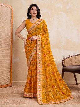 Gahan - Yellow Soft Georgette Bandhej Print Embroidery Saree with Unstitched Blouse