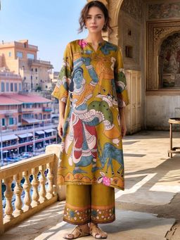 Gahan - Womens Mustard Rayon Blend Printed Straight Kurta with Palazzo