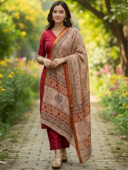 Gahan - Womens Plus Size Red Rayon Blend Printed Straight Kurta and Pant with Dupatta