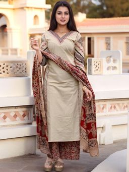 Gahan - Womens Cream Rayon Blend Solid Straight Kurta and Palazzo with Dupatta
