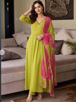 Gahan - Womens Green Rayon Blend Solid Angarakha Kurta & Pant with Dupatta