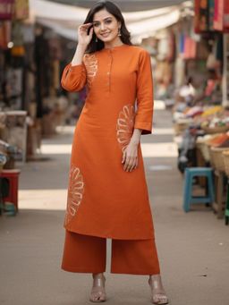 Gahan - Womens Orange Cotton Blend Embroidered A-Line Kurta with Pant