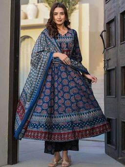 Gahan - Womens Blue Rayon Blend Printed Anarkali Kurta & Pant with Dupatta