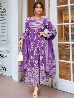Gahan - Womens Purple Rayon Blend Printed Anarkali Kurta & Pant with Dupatta