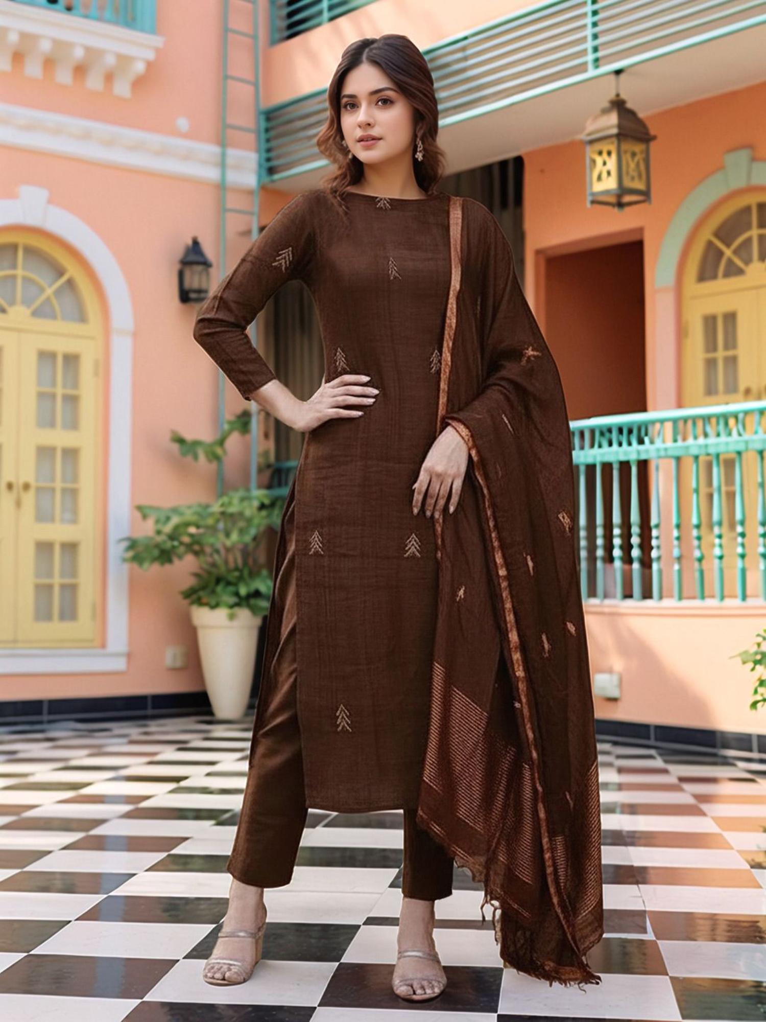 gahan Womens Plus Size Brown Rayon Blend Printed Straight Kurta and Pant with Dupatta-picture-23