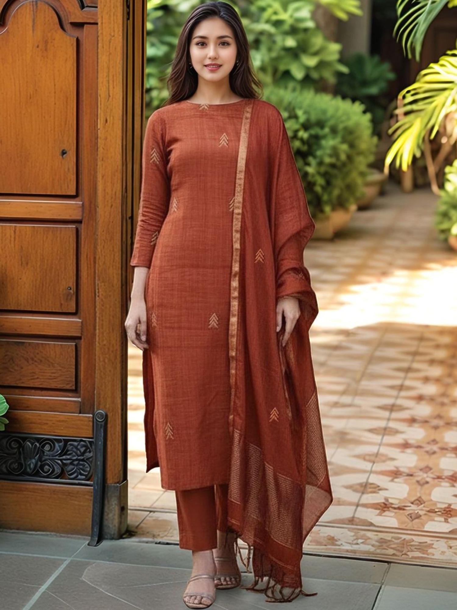 gahan Womens Plus Size Rust Rayon Blend Printed Straight Kurta and Pant with Dupatta-picture-42