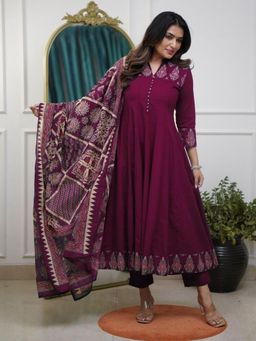 Gahan - Womens Wine Rayon Blend Printed Anarkali Kurta & Pant with Dupatta