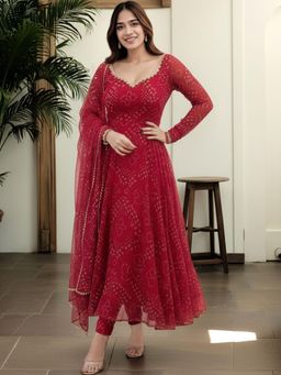 Gahan - Womens Red Rayon Blend Printed Anarkali Kurta & Pant with Dupatta