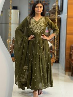 Gahan - Womens Plus Size Olive Rayon Blend Printed Anarkali Kurta and Pant with Dupatta