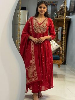 Gahan - Womens Red Rayon Blend Printed Anarkali Kurta & Pant with Dupatta
