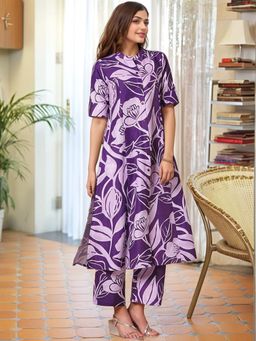Gahan - Womens Purple Rayon Blend Printed Straight Kurta with Pant