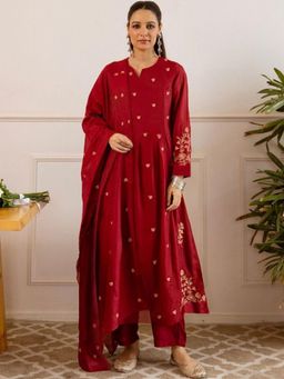 Gahan - Womens Maroon Rayon Blend Embroidery A-Line Kurta and Pant with Dupatta