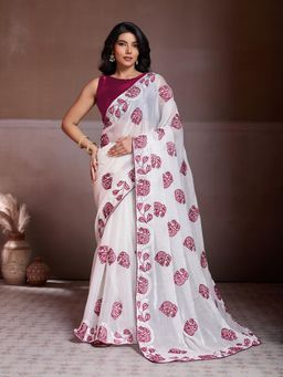 Gahan - White Fendy Chiffon Silk Embroidery Work Saree with Unstitched Blouse