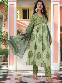 Gahan - Womens Pista Rayon Blend Printed Anarkali Kurta & Pant with Dupatta