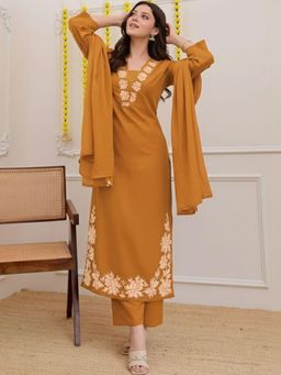 Gahan - Womens Mustard Rayon Blend Printed Straight Kurta and Pant with Dupatta