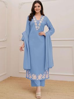 Gahan - Womens Sky Blue Rayon Blend Printed Straight Kurta and Pant with Dupatta