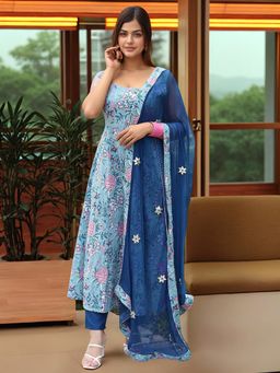 Gahan - Womens Rama Rayon Blend Printed Anarkali Kurta & Pant with Dupatta