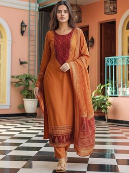 Gahan - Womens Rust Rayon Blend Straight Kurta and Pant with Dupatta