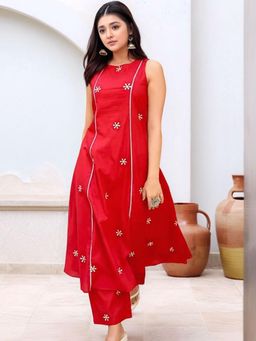 Gahan - Womens Red Rayon Blend Embroidered Anarkali Kurta with Pant