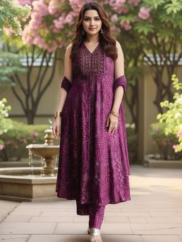 Gahan - Womens Plus Size Purple Rayon Blend Printed Anarkali Kurta & Pant with Dupatta