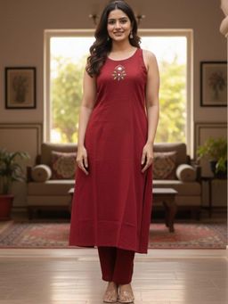 Gahan - Womens Plus Size Red Rayon Blend Embroidered A-Line Kurta with Pant