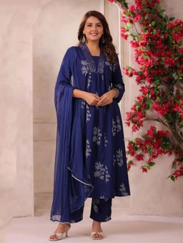 Gahan - Womens Blue Rayon Blend Printed A-Line Kurta and Pant with Dupatta