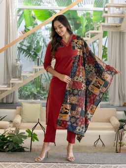 Gahan - Womens Maroon Rayon Blend Printed Straight Kurta and Pant with Dupatta