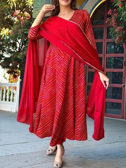 Gahan - Womens Red Rayon Blend Printed Anarkali Kurta & Pant with Dupatta