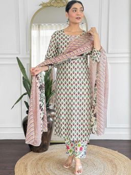 Gahan - Womens Off White Rayon Blend Printed Straight Kurta and Pant with Dupatta