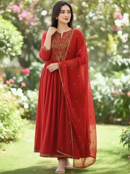 Gahan - Womens Plus Size Red Rayon Blend Solid Anarkali Kurta & Pant with Dupatta