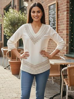 Gahan - Womens Cream Rayon Blend Embroidery Straight Short Top