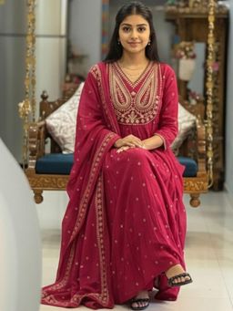 Gahan - Womens Pink Rayon Blend Printed Anarkali Kurta & Pant with Dupatta