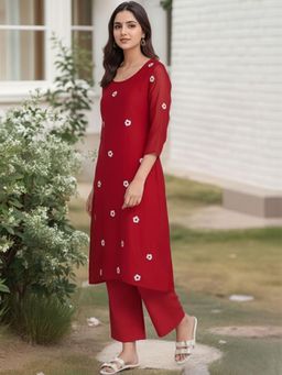 Gahan - Womens Red Rayon Blend Printed A-Line Kurta with Pant