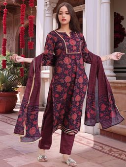 Gahan - Womens Wine Rayon Blend Printed Straight Kurta and Pant with Dupatta