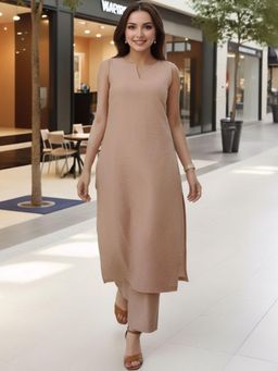 Gahan - Womens Plus Size Beige Rayon Blend Solid Straight Kurta with Palazzo