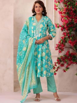 Gahan - Womens Green Rayon Blend Printed Anarkali Kurta & Pant with Dupatta
