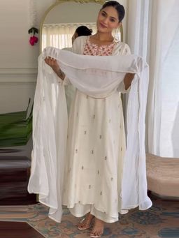 Gahan - Womens Cream Rayon Blend Embroidered Anarkali Kurta & Palazzo with Dupatta