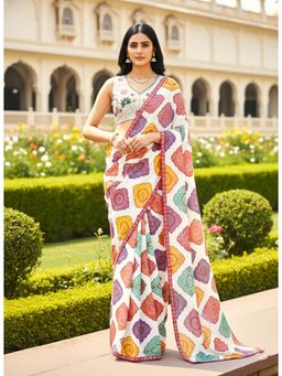 Gahan - White Bandhej Print Saree with Beads Unstitched Blouse