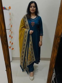 Gahan - Womens Plus Size Teal Rayon Blend Printed Straight Kurta and Pant with Dupatta