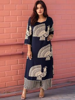 Gahan - Womens Navy Blue Rayon Blend Printed Straight Kurta with Palazzo