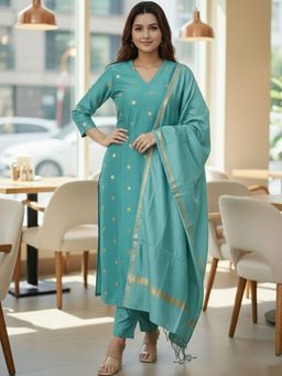 Gahan - Womens Sky Blue Rayon Blend Printed Straight Kurta and Pant with Dupatta