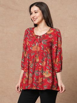 Gahan - Womens Red Rayon Blend Printed A-Line Tunic