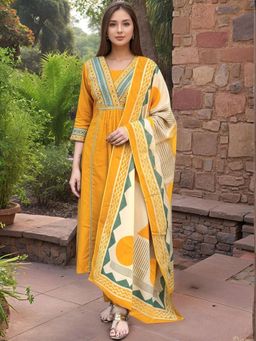 Gahan - Womens Yellow Rayon Blend Solid A-Line Kurta and Pant with Dupatta