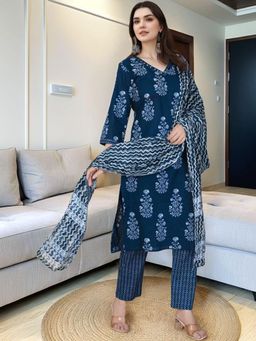Gahan - Womens Blue Rayon Blend Printed Straight Kurta and Pant with Dupatta