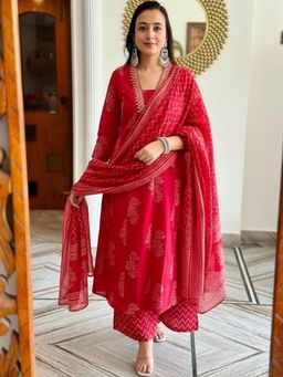 Gahan - Womens Red Rayon Blend Printed Anarkali Kurta & Palazzo with Dupatta