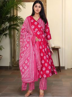 Gahan - Womens Pink Rayon Blend Printed Angarakha Kurta & Pant with Dupatta