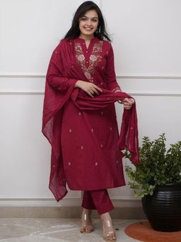 Gahan - Womens Red Rayon Blend Embroidered Straight Kurta and Pant with Dupatta
